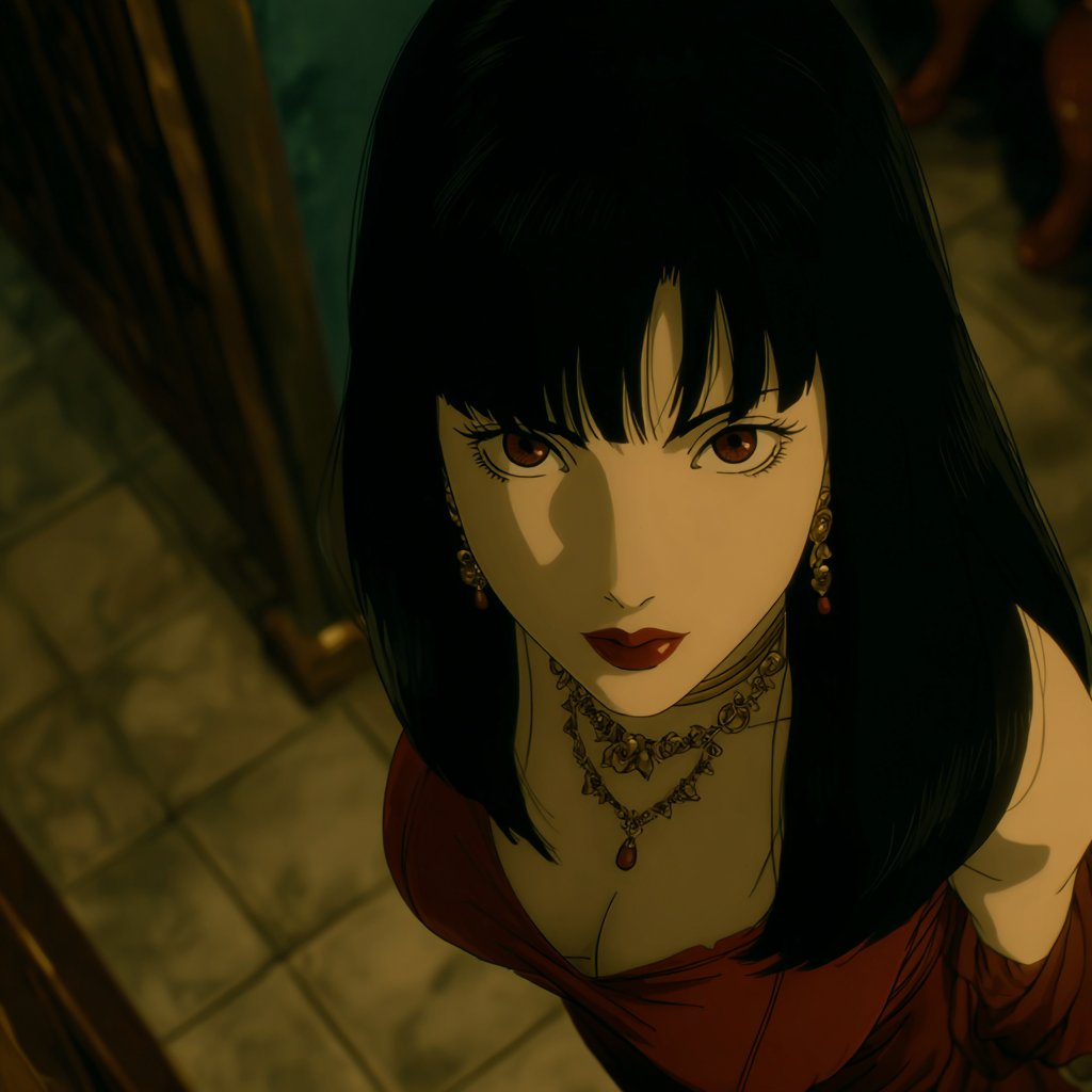 This anime style features a dark and cinematic aesthetic inspired by 90s OVAs, characterized by expressive visuals and dynamic framing techniques.