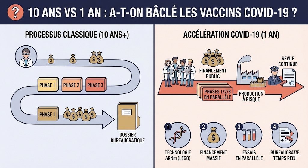 DutinEric15494's tweet image. ❓10 ans vs 1 an : A-t-on bâclé les vaccins COVID-19 ? 

C'est la question légitime que beaucoup se posent encore. Comment la science a-t-elle pu aller aussi vite sans sauter les étapes de sécurité ?

La réponse ne tient pas de la magie, mais d'un alignement de planètes inédit…