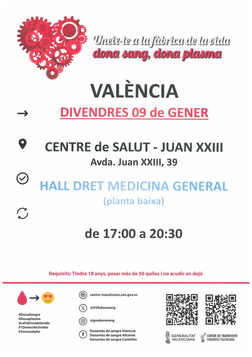 GVAdonasang's tweet photo. Dona sang a #València
📅divendres #9gener
Les donacions regulars de sang són imprescindibles per a garantir la disponibilitat de sang als hospitals de la Comunitat Valenciana.
#DonaSang #ComparteixVida ❤️ https://t.co/0lqXMpIs0F