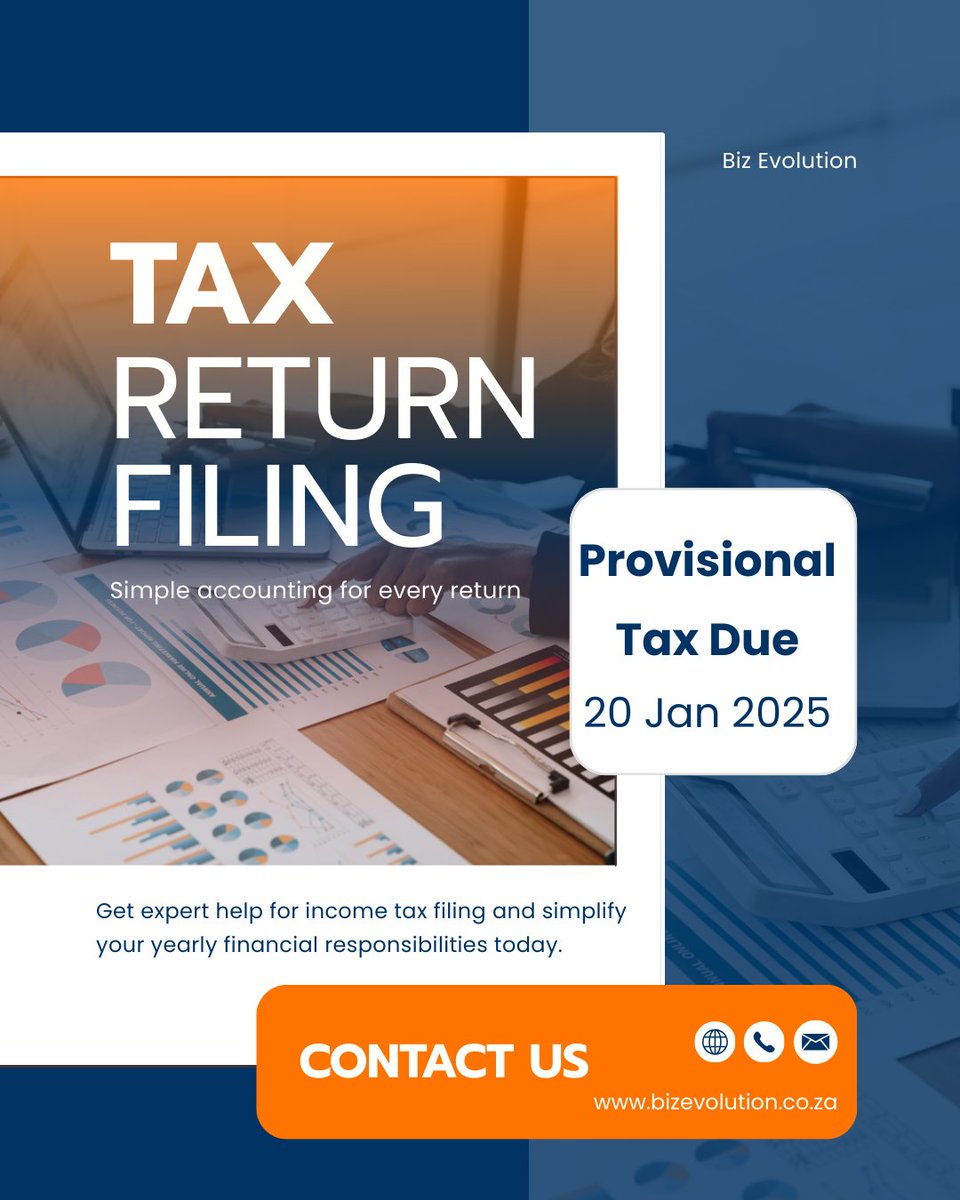 ⏳ 10 days to go!

The Provisional Tax deadline is 20 Jan 2026.
Avoid penalties — submit on time.
📩 Biz Evolution has you covered.
👉 One firm. All your accounting needs.

#ProvisionalTax #TaxDeadline #sasa #AFCON2025 #AFCON #TrendingNow