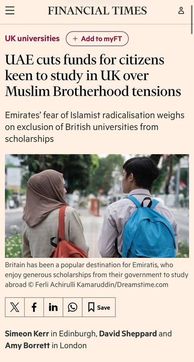 BMitraglia's tweet image. #UK ❗️❗️❗️❗️❗️

Gli Emirati Arabi Uniti #EAU hanno annunciato che interromperanno il finanziamento degli studi nel Regno Unito per i loro cittadini a causa del timore di radicalizzazione islamista nelle università del Regno Unito.

Quando un Paese islamico ha paura di…