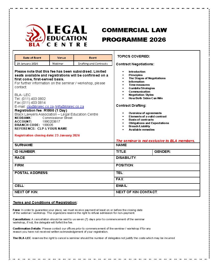 blalecafr's tweet photo. Refine your drafting precision and contractual risk management skills. Join the Drafting and Contracts Webinar taking place on 29 January 2026, designed for legal practitioners seeking to strengthen their practical drafting expertise. Register here: https://t.co/FP3vsRo0nn https://t.co/uNuWoySUsg