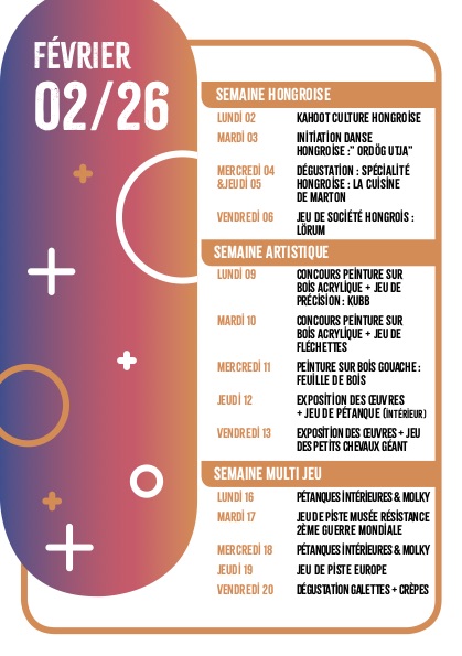 Accueil Jeunes - Pôle Jeunesse
Tu fais quoi en janvier et février 2026 ?
Escape game, Ateliers, Dégustation...