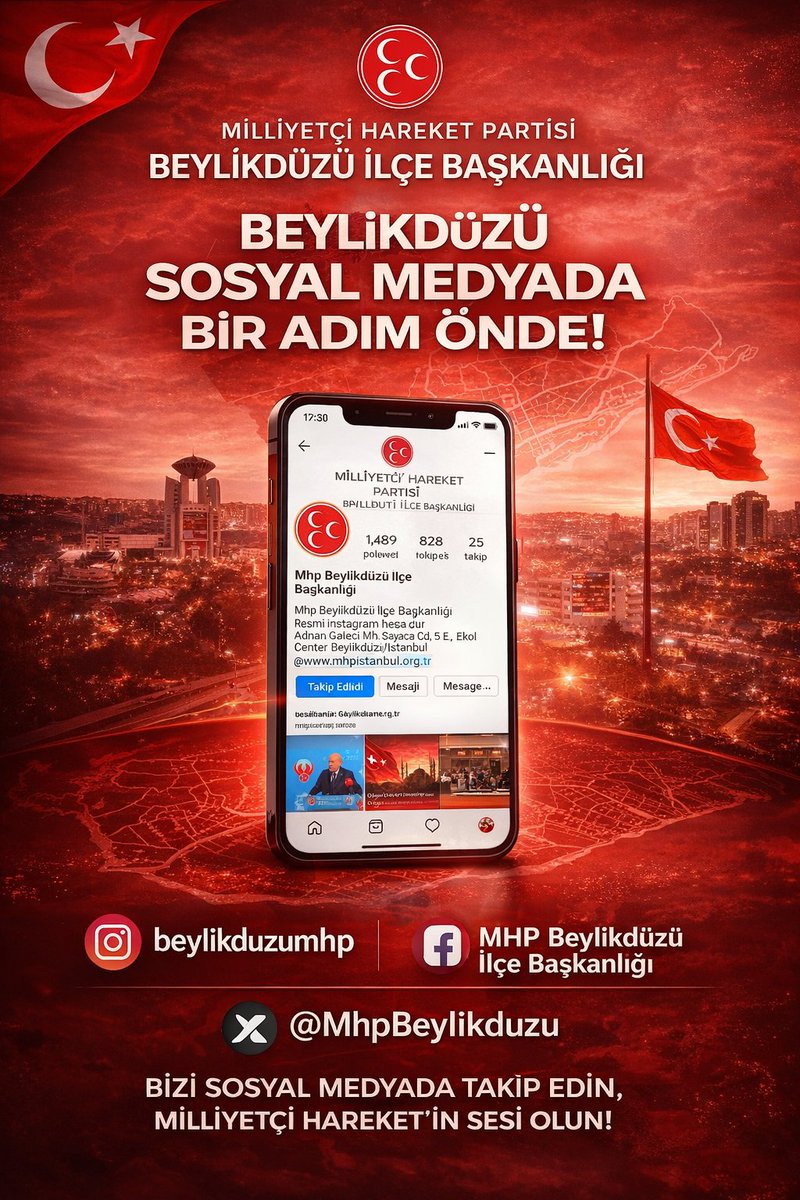 Beylikdüzü’nün sesi sosyal medyada.
Takip et, Milliyetçi Hareket’in bir parçası ol.”