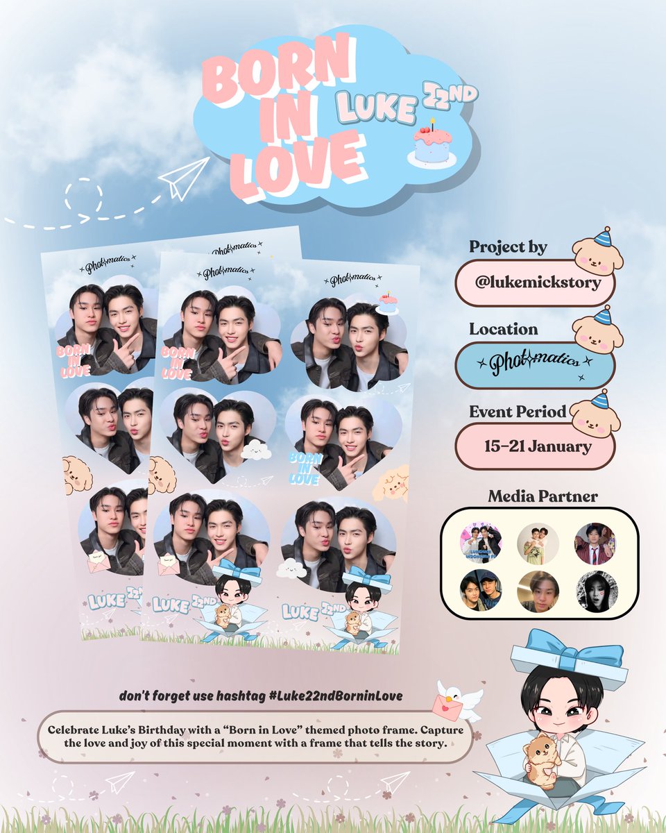 lukemickstory's tweet photo. Born in Love 💙
Celebrating Luke’s 22nd Birthday with our special project ✨🎂
📍 Photomatics
🗓 15–21 January
Capture the love & joy in a sweet story frame 💕📸
Don’t forget to use the hashtag #Luke22ndBorninLove 💫
#lukeso_ #LukeBirthdayProject2026 #LukeMick https://t.co/gZveReetSo