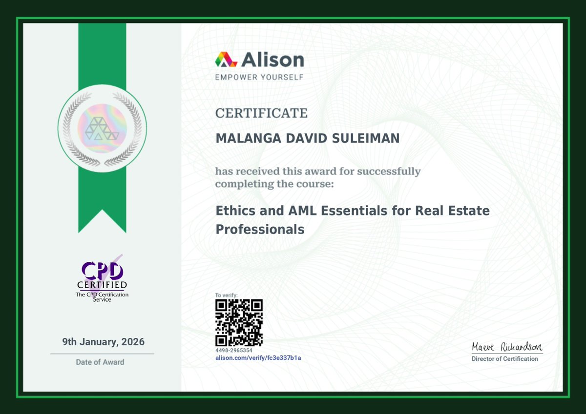 Completed a course on Ethics &amp; Anti–Money Laundering (AML) for Real Estate Professionals. Strengthened understanding of ethical practice, fair housing, AML compliance, and best practices in the real estate industry. Continuous learning
#EthicsInRealEstate #RealEstateProfessionals