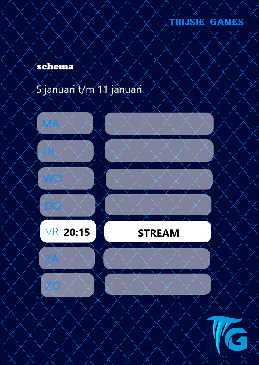 Thijsie_games's tweet photo. Hierbij nog de streamplanning van deze week. 
Nieuwe jaar, nieuwe schema format 
Ik hoop jullie te zien bij de stream, tot dan!!!!! https://t.co/0nmhOGsJsw