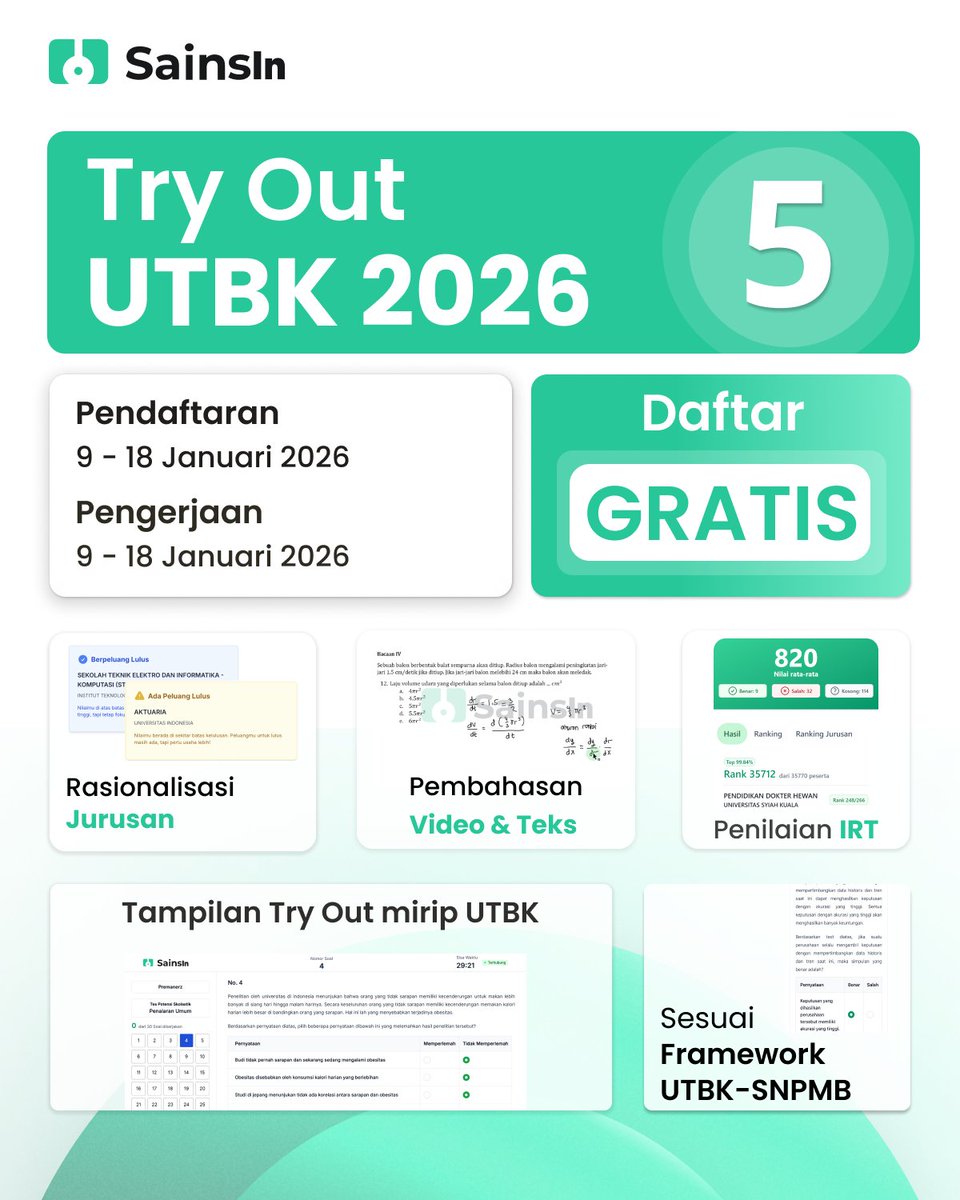 sainsinaja's tweet image. 📢PENDAFTARAN TRY OUT UTBK SNBT 5 2026 DIBUKA GRATIS!🚀🚀

Dah 2026 aja ges 🫠 waktunya mulai grinding latihan try out

✨ Persyaratan daftarnya juga gampang banget!

📅Pendaftaran &amp;amp; Pengerjaan:
9 - 18 Januari 2026

Cara pendaftaran Try Out UTBK SNBT 5 2026 SainsIn 👇🏻
1. Repost…