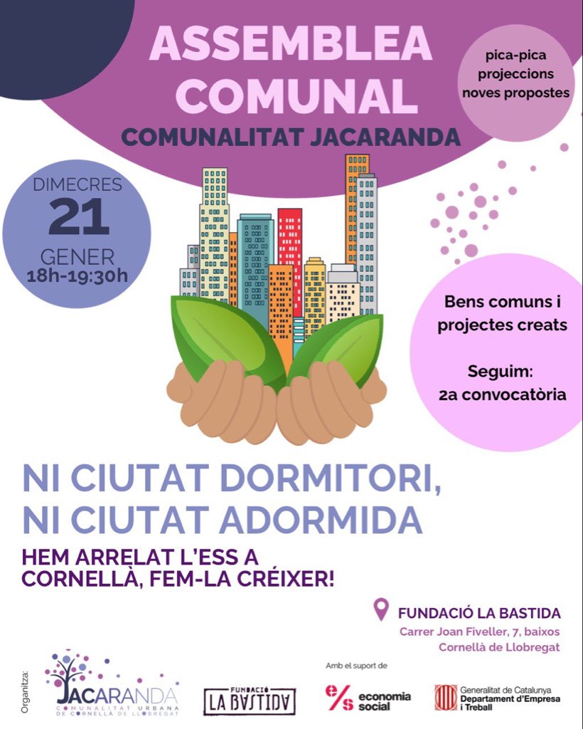 Cornellà no és una ciutat dormitori. És una comunitat viva 💜

📢 4a Assemblea Comunal de @ComunalitatJac
🗓️ 21 de gener | ⏰ 18 h
📍 Fundació La Bastida

Intercooperació, comerç local, nous projectes i fer xarxa.
👉 Confirma assistència per correu!

#ESS #Cornellà #ComunitatViva