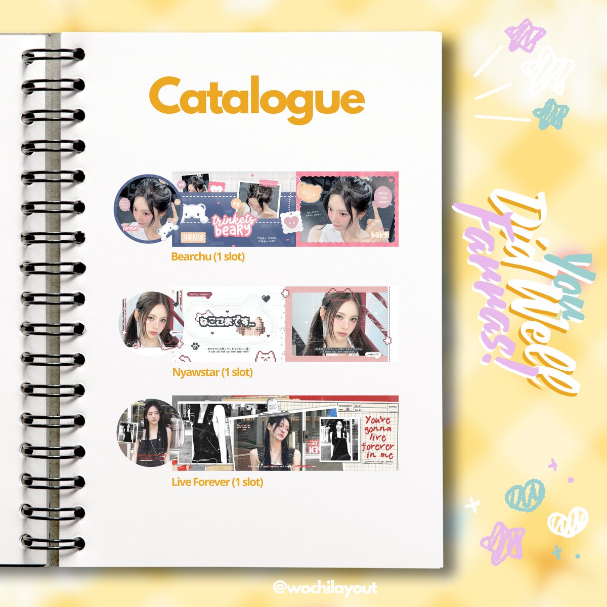 wochilayout's tweet image. Help RT or repost kalau liat ini, makasi 💗 #zonauang

Halo gusy! Aku ada giveaway 3 FREE REQ LAYOUT (katalog ada di pict) dalam rangka Appreciation Post to kak Farras @possirbly 🩷✨ 

Caranya gampang kok! More info ada di tweet selanjutnya yaa ☝️