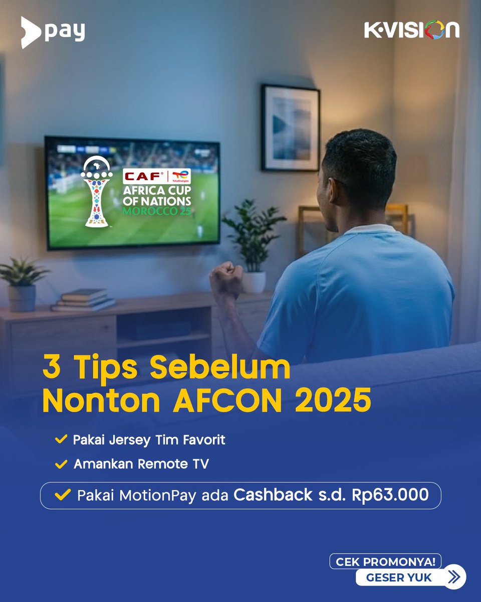 motionpay's tweet image. Tips kecil dari MotionPay buat nemenin AFCON.
Biar yang dipikirin cuma skor, bukan biaya.
Paket K-Vision + MotionPay
cashback sampai Rp63.000.
Nontonnya jalan, sisanya aman.

#MotionPay #KVision #AFCON2025 #NontonBola #Cashback #AntiRibet #MatchDayVibes