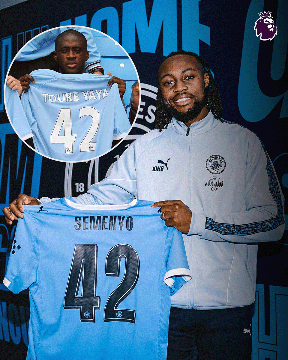 premierleague's tweet image. Yaya Toure 🤝 Antoine Semenyo

The No 42 shirt at @ManCity has history 🩵