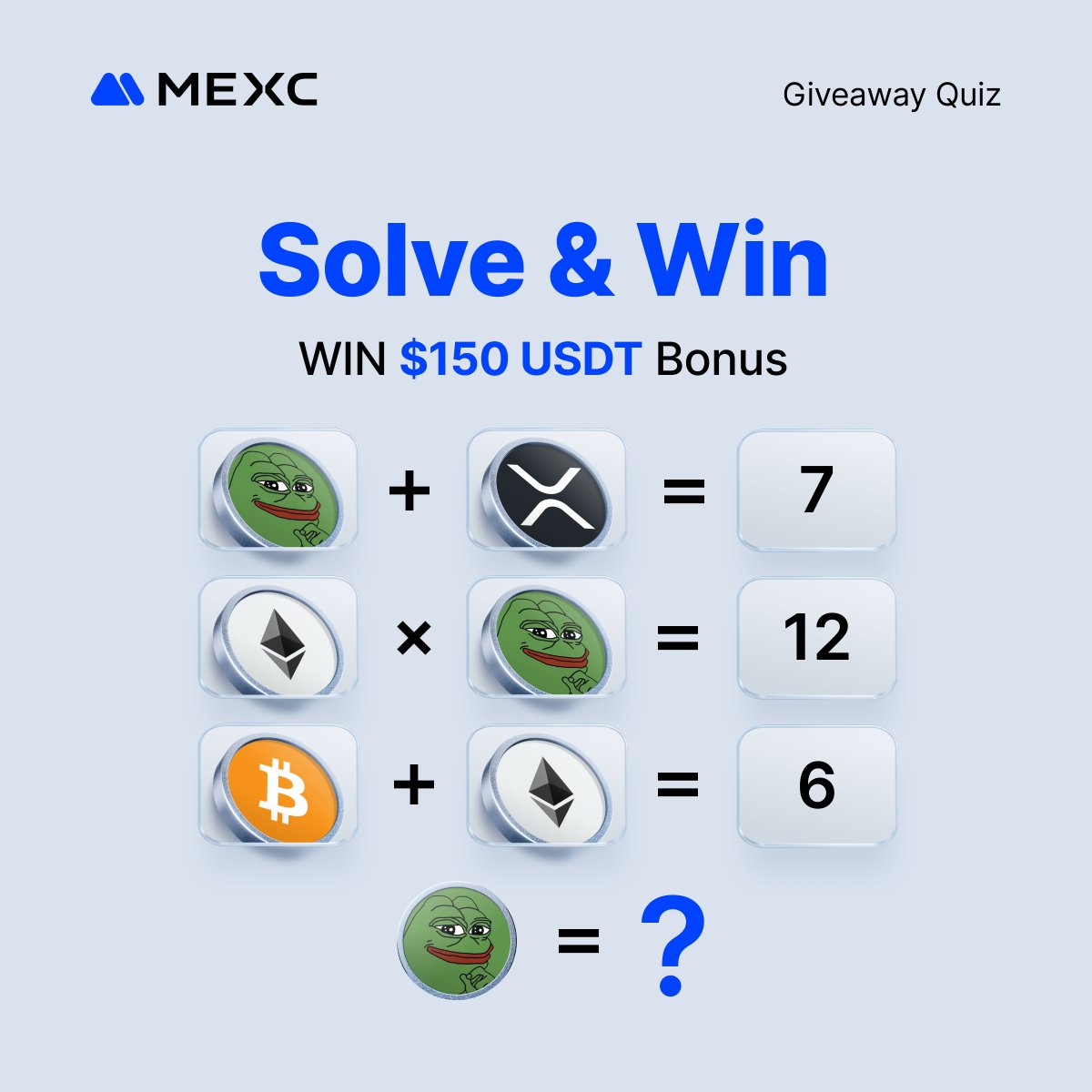 Quick brain check for #MEXC #crypto fans 🧩

🐸Guess the logic, solve the $PEPE number, and share 150 USDT bonus!

1️⃣Follow, 💙 &amp; QT
2️⃣Join now: gleam.io/foBy6/mexc-gue…

🗓 Jan 9 – Jan 11, 23:59 (UTC+8)