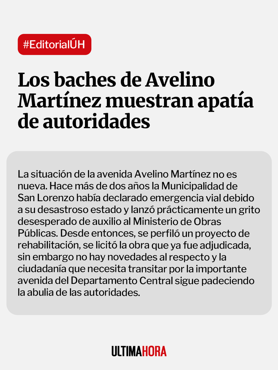 UltimaHoracom's tweet photo. #EditorialÚH | Lamentablemente, el terrible estado en el que se encuentra la avenida Avelino Martínez, en San Lorenzo, encarna la realidad de nuestro gobierno central y de nuestros gobiernos municipales, absolutamente indiferentes a los problemas y necesidades de la gente. Representa asimismo el discurso vacío y las promesas que nunca se cumplen, como asimismo la impunidad de autoridades electas y funcionarios, y la incapacidad de unir esfuerzos para trabajar por el bienestar de la población.

https://t.co/6BziG173hu