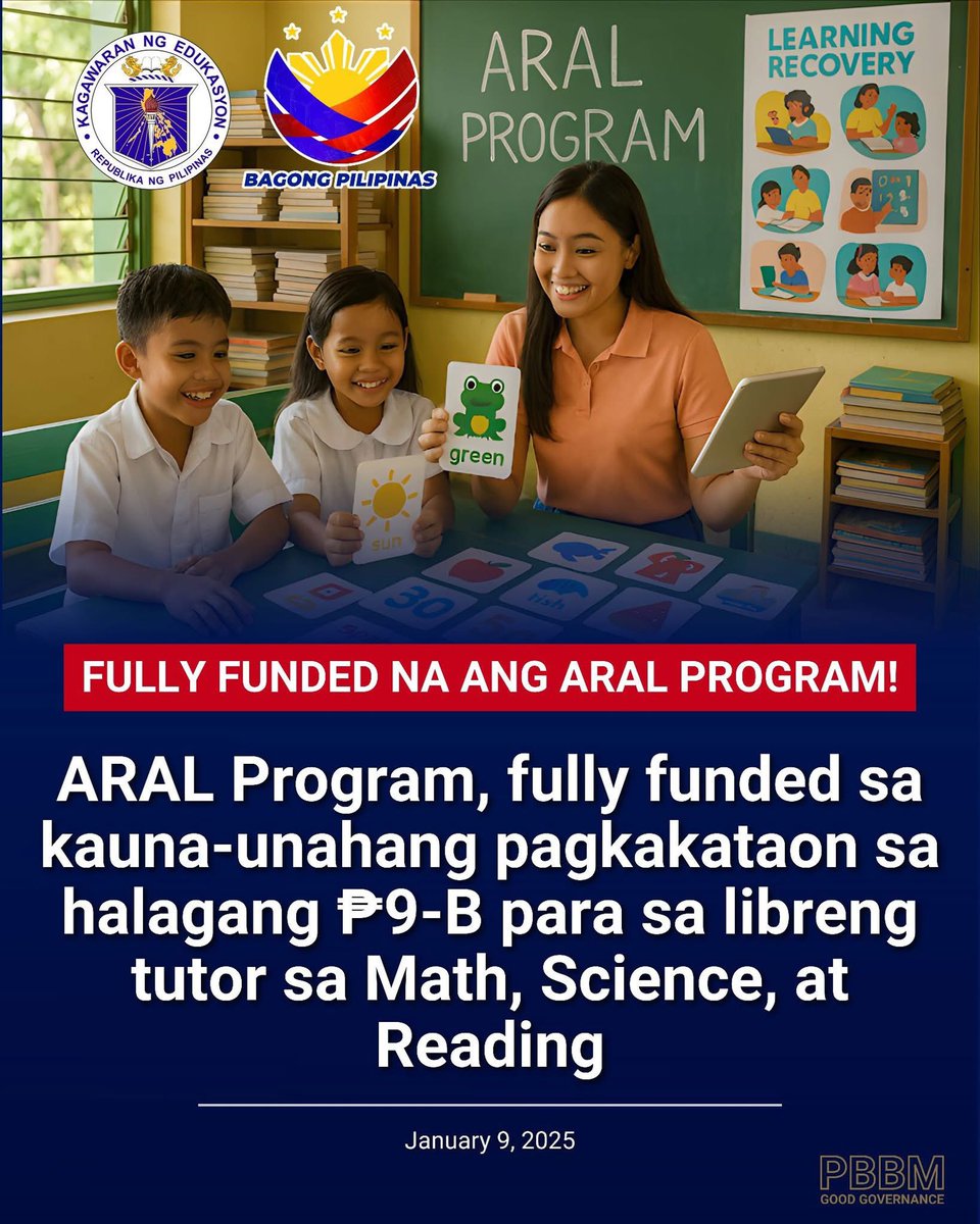 While people argue over surveys, this is what real leadership looks like. The Marcos administration just fully funded the A.R.A.L. Program with P9 billion to give Filipino children free tutoring in reading, math, and science. That is not politics, that is human capital. You do