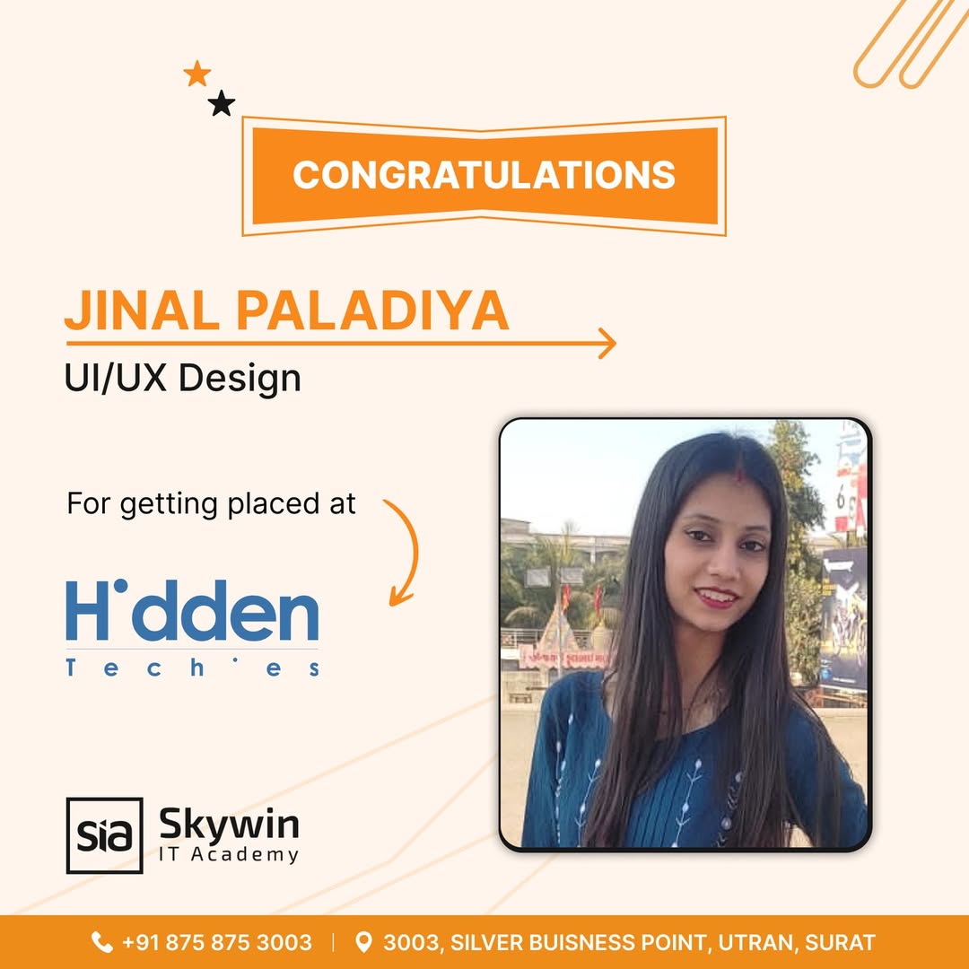 skywinitacademy's tweet photo. 🎉 Congratulations Jinal Paladiya on getting placed as a UI/UX Designer at Hidden Teches! 🚀
A proud success from our UI/UX Design Course in Surat at Skywin IT Academy.#UIUXDesignCourseInSurat #UIUXDesigner #DesignCareer #ITCourseInSurat #Placements #SkywinITAcademy https://t.co/81mzNTm2qv