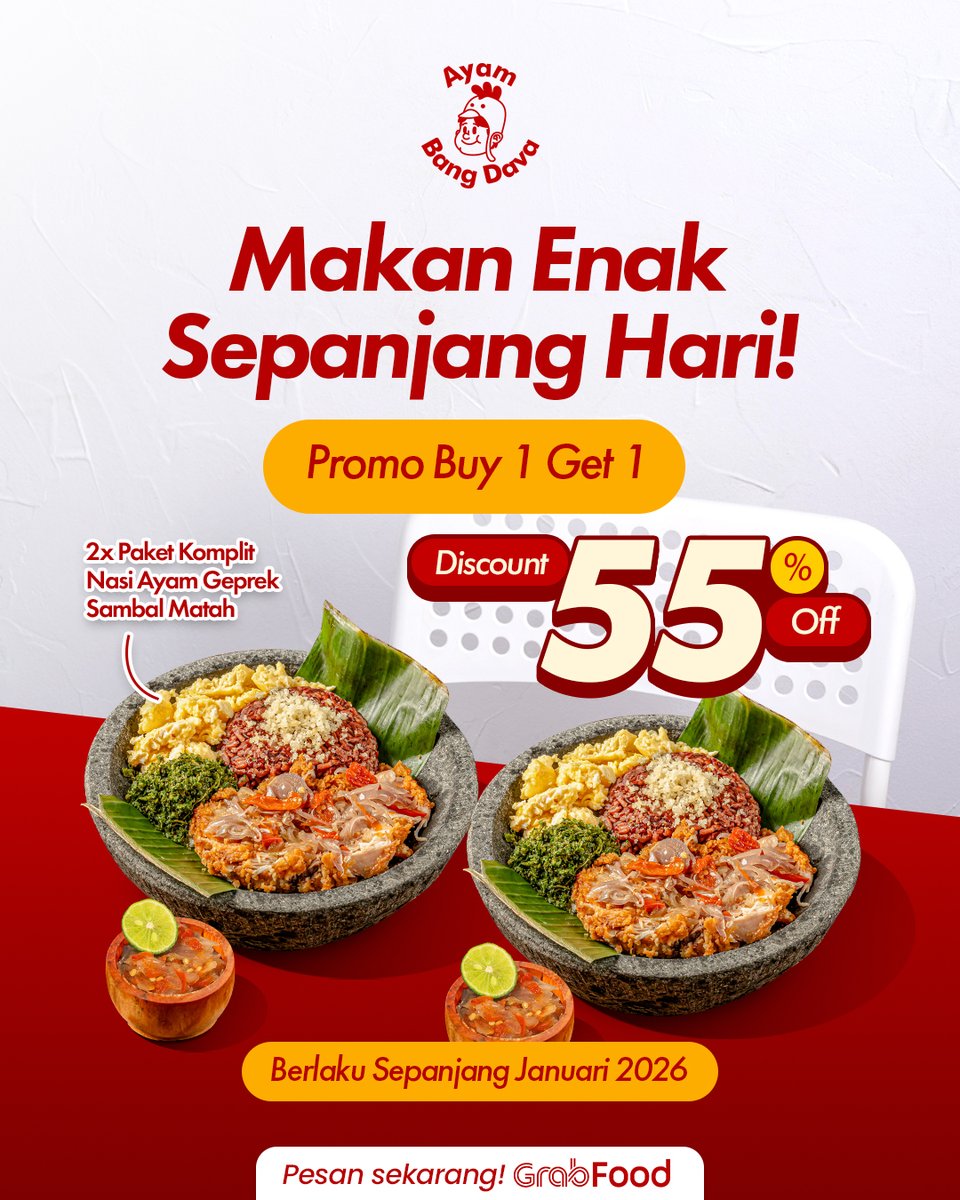 PROMO BUY 1 GET 1! 🔥
Makan enak seharian jadi makin puas.
2x Paket Komplit Nasi Ayam Geprek Sambal Matah
Diskon 55% OFF

Berlaku sepanjang Januari 2026.
Pesan sekarang di GrabFood 🍗🌶️

#AyamBangDava #PromoMakan #Buy1Get1 #DitemeninABD