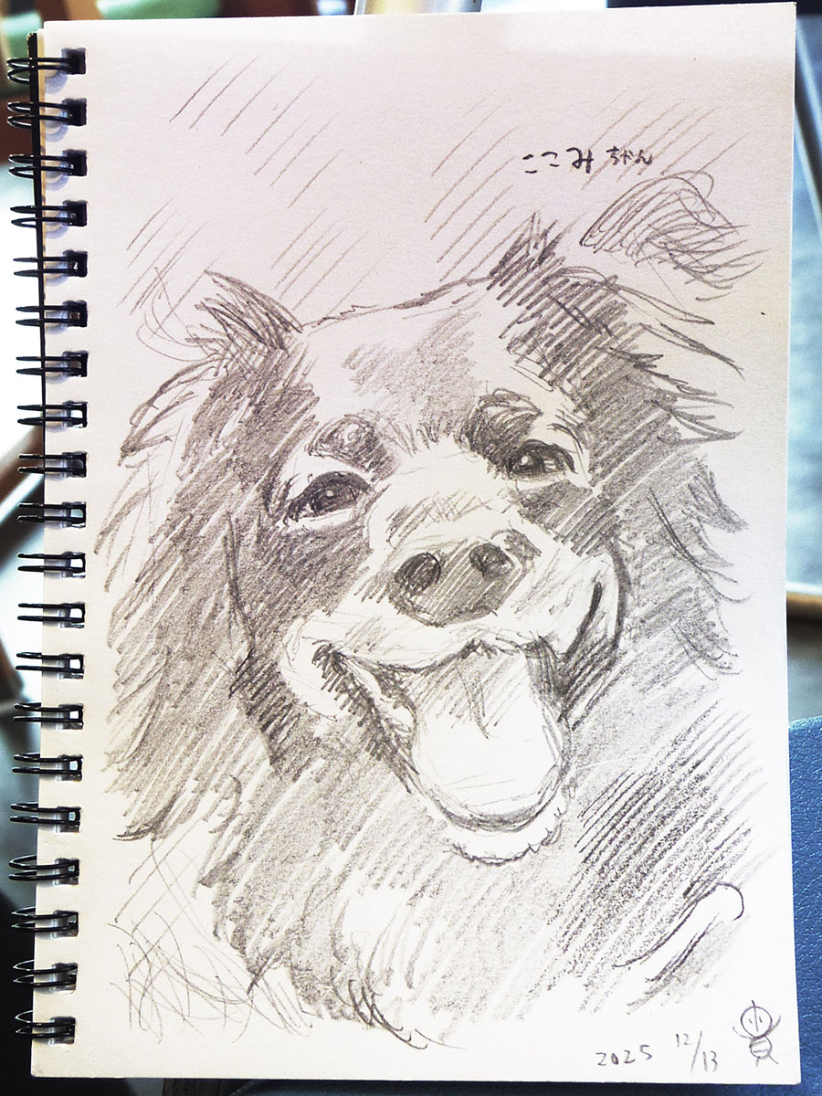 2025.12.13『水戸マルシェ Vol.38』でお描きした似顔絵、お客様に許可いただき掲載✍️😊
ニッコニコの笑顔で写ったお写真からお描きした、長毛フサフサ黒わんこのここみちゃんです✨️
#似顔絵 #鉛筆画 #ペットイラスト 