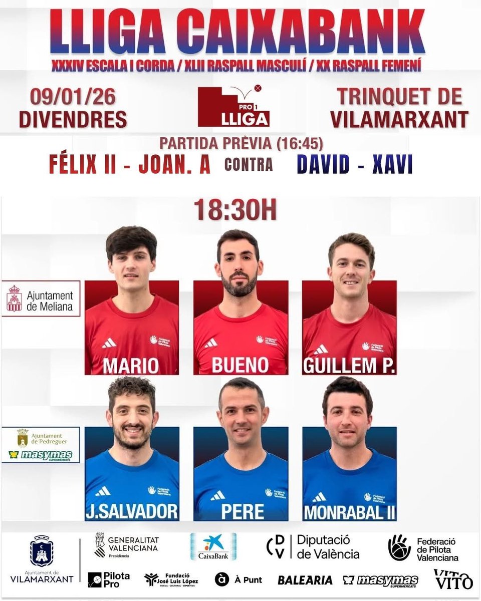 ⚠️👉Hui divendres CANVI EN LA PARTIDA ESTEL·LAR a VILAMARXANT.
ENTRA MARIO A SUBSTITUIR A MARC.<a href="/ajvilamarxant/">Vilamarxant</a> <a href="/caixabank/">CaixaBank</a> <a href="/BFrediesport/">Botiga Frediesport</a> #PilotaValenciana