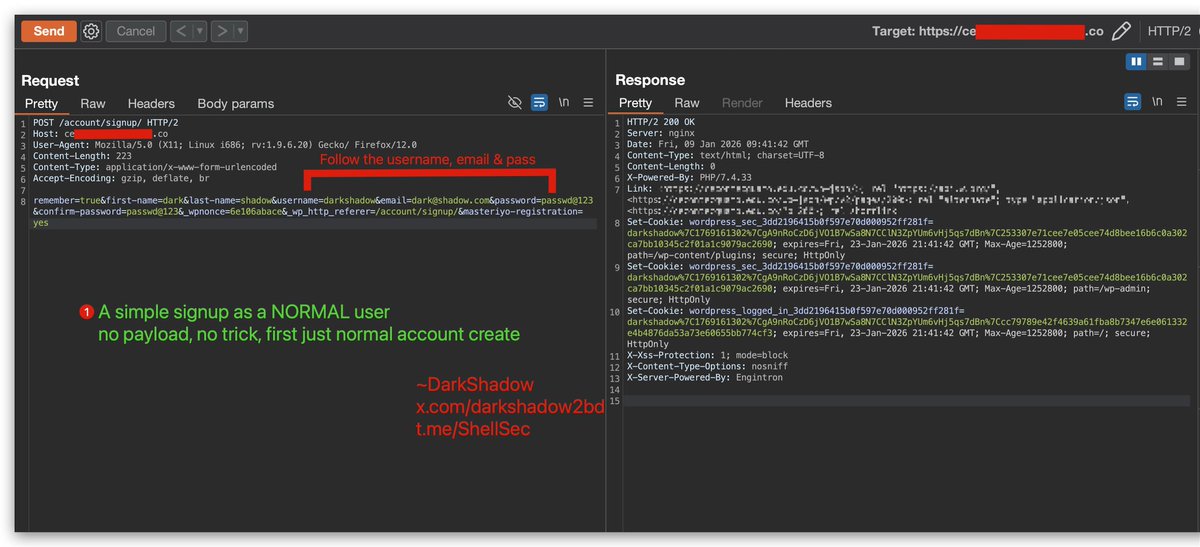darkshadow2bd's tweet photo. Bug: passive vertical privilege escalation
Severity: 9.8 (critical)

Tips to find:
1. Signup as normal user (no payload)
2. Browse all options of the account
3. Search keywords in burp: role, admin, is_admin, balance etc.
4. Change the value

Join telegram https://t.co/IQMHfSZASe https://t.co/122Nx14rWw