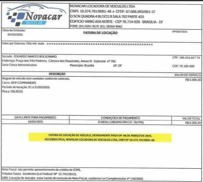Vou levar meu filho na escola pensando nessa nota fiscal de Eduardo Bolsonaro.

Ele foi para os EUA em fevereiro de 2025 (e parece que vai ficar por lá). Essa nota é de 5 de março de 2025. Então, ele pagou 8k por um JEEP COMMANDER estando nos EUA? É isso?

E para piorar, tem uma