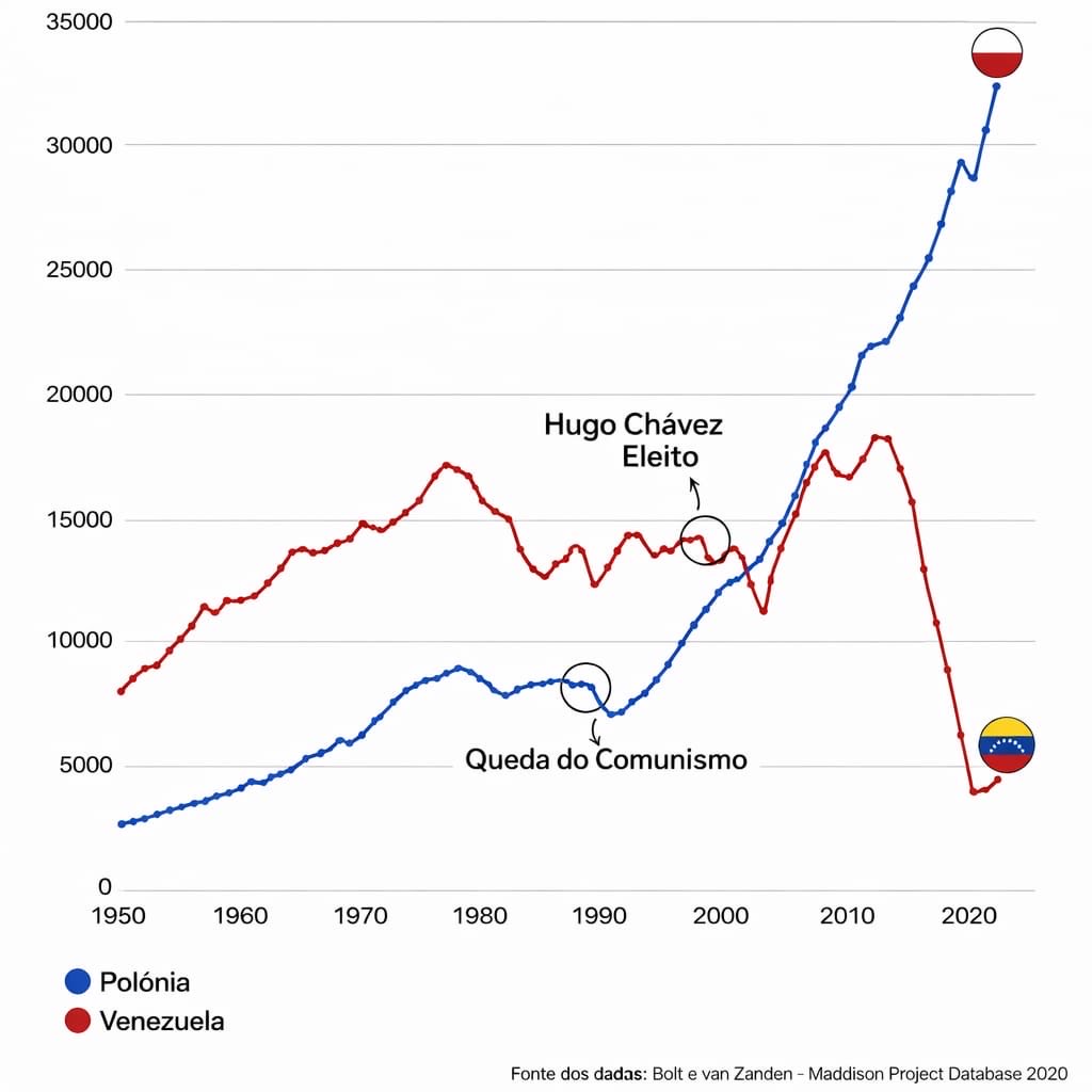 🚨 En 1990, un país capitalista era el DOBLE de rico que uno socialista. Polonia abrió su economía, mientras que Venezuela adoptó el chavismo. Hoy, Polonia es 8 veces más rica. ¿Casualidad o culpa de la ultraderecha?