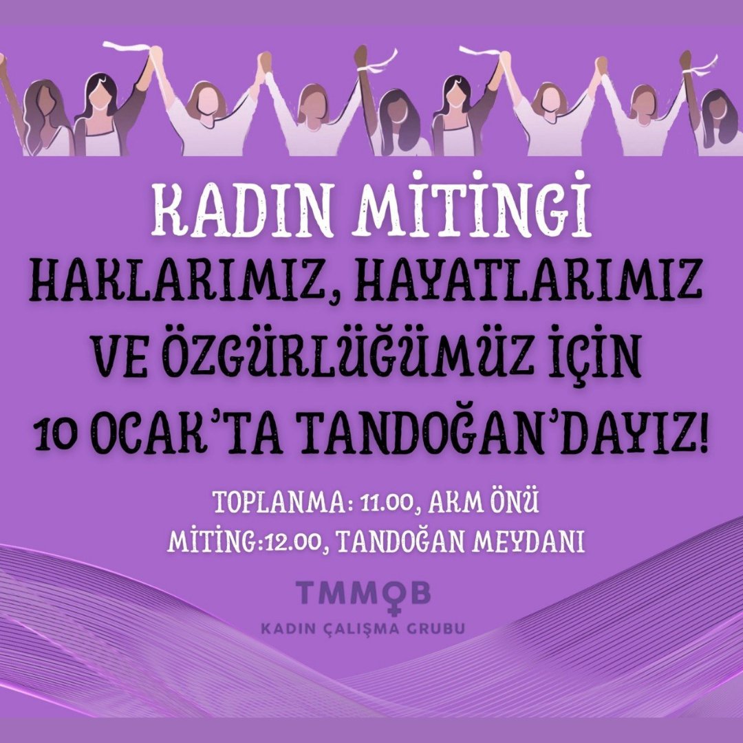 📢Ankara Kadın Mitingi
🗓️10 Ocak 2026, Cumartesi
🕚11.00 (Toplanma), AKM Önü,
🕛12.00 (Miting), Tandoğan Meydanı