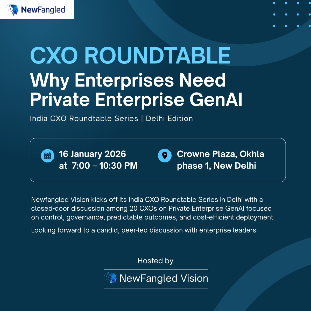 fangledvision's tweet photo. Kicking off our India CXO Roundtable Series in Delhi with a closed-door discussion on why enterprises need Private GenAI.

A focused, peer-led conversation with 20 CXOs on control, governance &amp; cost-efficient GenAI adoption.

#NewFangled #CXORoundtable #PrivateGenAI #EnterpriseAI https://t.co/1fLhzwiclX