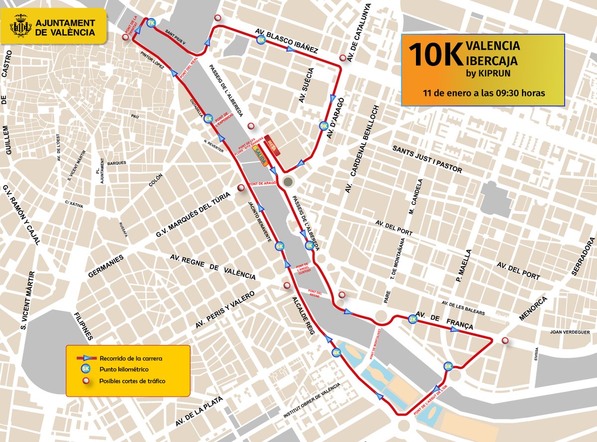 TransitValencia's tweet image. 👟Domingo llega la @10KValencia que reunirá a 18.000 corredores y corredoras🏃‍♀️
Salida y meta🏁en el paseo de la Alameda
⏰8:15h #5K y 9:30h #10K
⭕️🚘Cortes de tráfico desde las 6:00h (sábado tarde cortes parciales en la Alameda por montaje).
🔗valencia.es/cas/actualidad…

#trànsitVLC