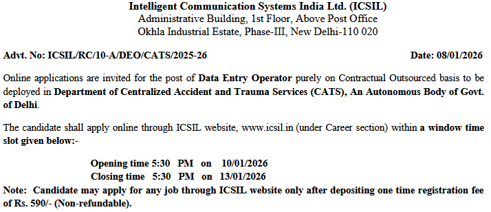 indiangovtjobs's tweet photo. ✅ Intelligent Communication Systems India Ltd. (ICSIL) Recruitment 2026 [50 DEO Vacancies]

🔗 Apply Details: https://t.co/yNMdYVSQIY

📌 Data Entry Operator - 50 posts
📌 Educational Qualification: Degree + Computer Skill
📌 Last Date: 13/01/2026

#ICSIL #DEO