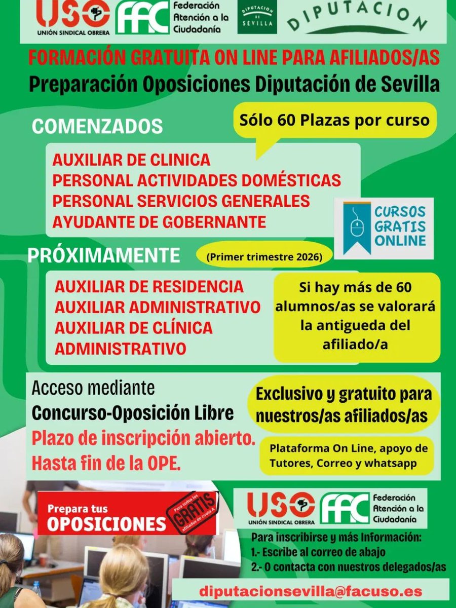 USOdipusevilla's tweet photo. FORMACIÓN OPOSICIONES GRATUITA

USO Diputación de Sevilla informa del
Comienzo de nuevos curso gratuitos para afiliados/as de preparación de las oposiciones próximas.

Plazo Inscripción abierto hasta fin de las plazas.

FORMACIÓN ON LINE GRATUITA.
#usodipusevilla https://t.co/Bd1YCO0fWx