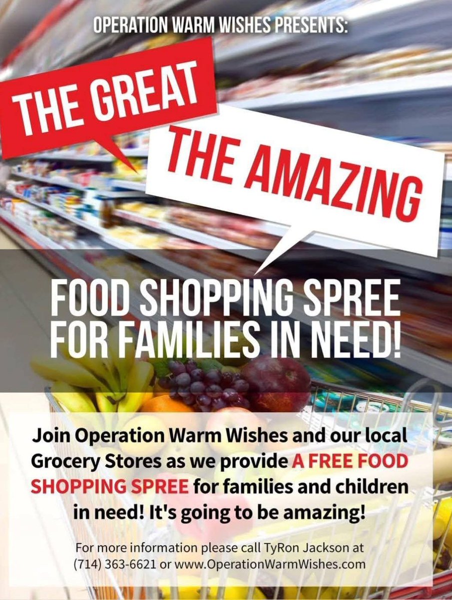 tyronjackson's tweet image. “If I cannot do great things, I can do small things in a great way.”
― Martin Luther King Jr. 

Operation Warm Wishes Presents: The Great! The Amazing! Food Shopping Spree for Youth and Families in Need!

Join us on Martin Luther King Jr. Day for a shopping spree like no other!…