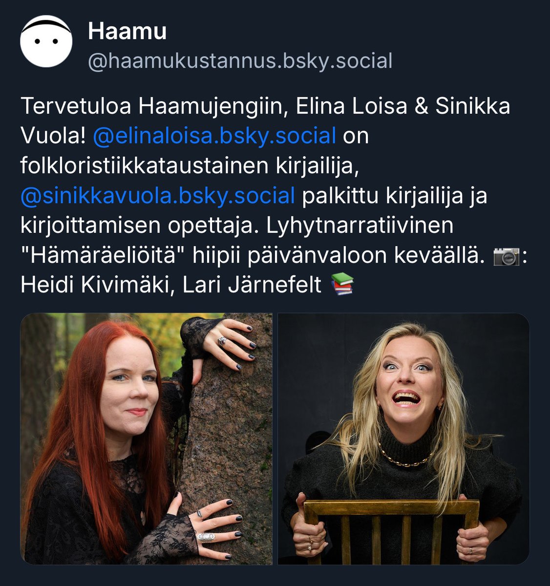 Hämäräeliöitä ilmestyy Haamun julkaisemana huhtikuussa! 🖤 Ja mahtavaa, että tuollekin valokuvalle tuli käyttöä. 😸

bsky.app/profile/haamuk…