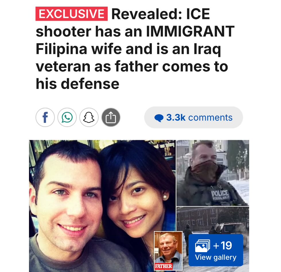 mkultranews's tweet image. World, meet Jonathan E. Ross, the ICE shooter &amp;amp; hardcore MAGA Warrior who is married to a Filipino immigrant.