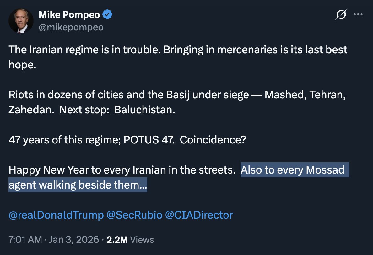 caitoz's tweet image. In case you missed it Trump's last secretary of state said these increasingly tense Iran protests are a Mossad op.