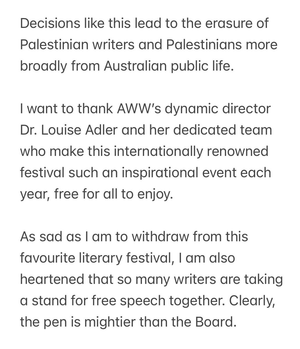 With a heavy heart I'm withdrawing from this year's Adelaide Writers' Week unless the Festival Board reinstates Dr Randa Abdel-Fattah. 

But am heartened that so many writers are taking a stand for free speech together. Clearly, the pen is mightier than the Board. 

My statement:
