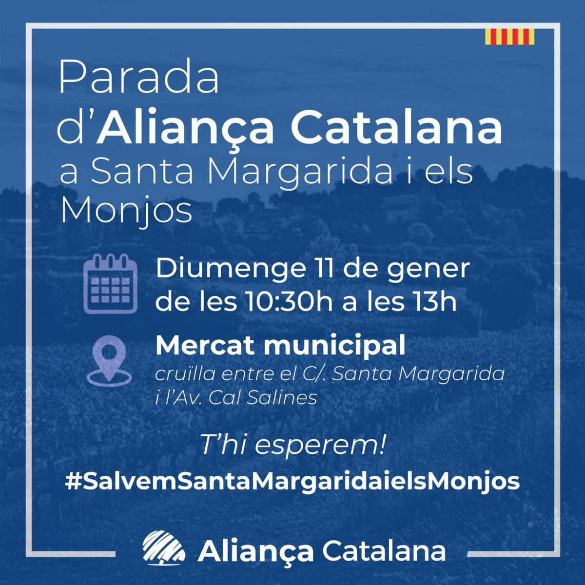 AltPenedesAC's tweet image. 💙Parada a Santa Margarida i els Monjos
🗓️Aquest diumenge 11 de gener
🕥De 10.30 h a 13 h al Mercat Municipal

Vine a conèixer el nostre projecte!

#SalvemSantaMargaridaiElsMonjos #SalvemCatalunya