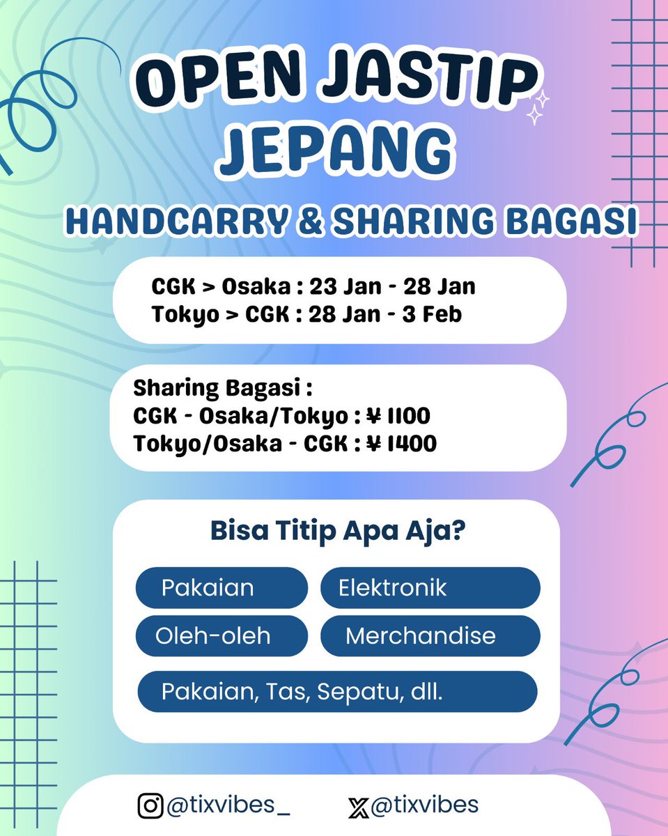 berthachristt's tweet image. [Help RT]

Open Jastip &amp;amp; Handcarry Osaka/Tokyo 🇯🇵

📆 23 jan-3 feb 2026
✅ Baju, Makeup, Skincare, Snack
✅ Sharing Bagasi
✅ Pop up &amp;amp; Merch

bisa dm/chat via wa

tags jasa titip jastip handcarry osaka tokyo jepang #zonauang #zonajajan️️ #jastipjepang #jastiposaka #jastiptokyo