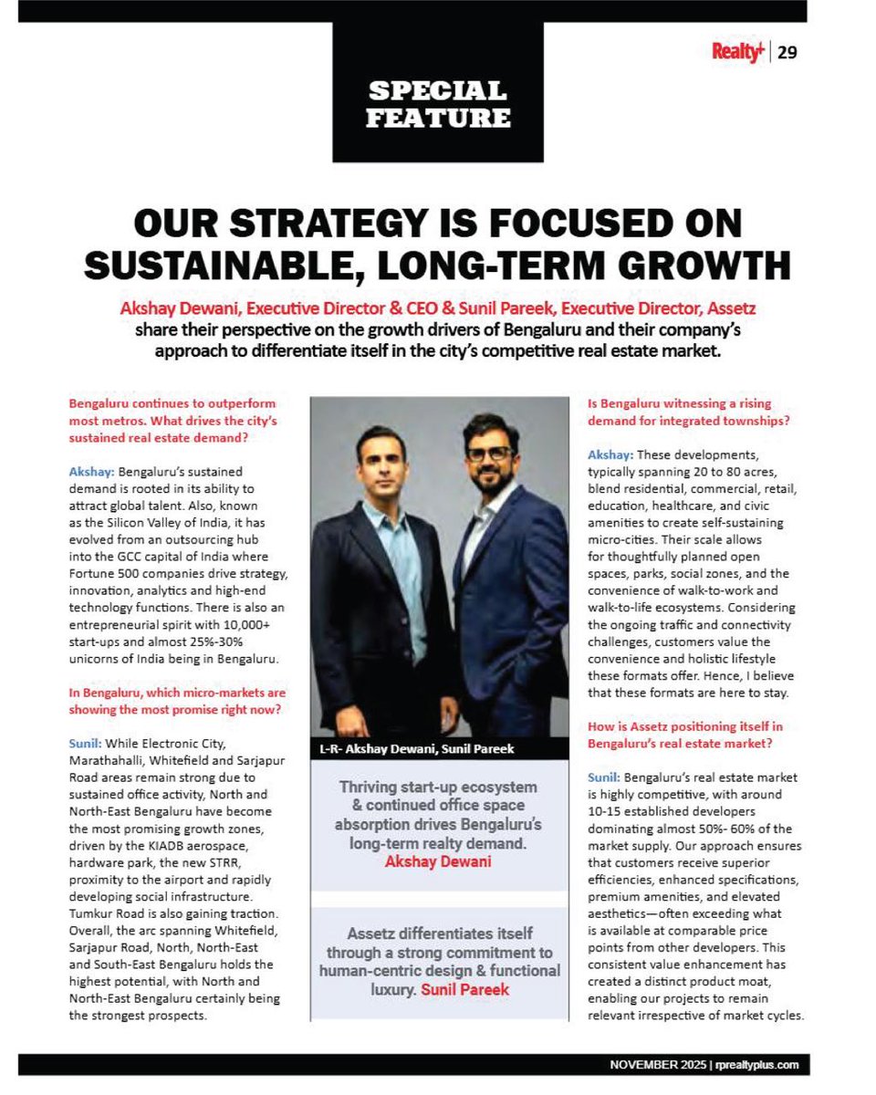 RPRealtyPlus's tweet image. “Our strategy is focused on sustainable, long-term growth.”- Akshay Dewani, Executive Director &amp;amp; CEO &amp;amp; Sunil Pareek, Executive Director, Assetz
👉 Read the full feature here:
rprealtyplus.com/magazine/novem…

#RealityPlus #NovemberIssue #Assetz #BengaluruRealEstate #IntegratedTownships
