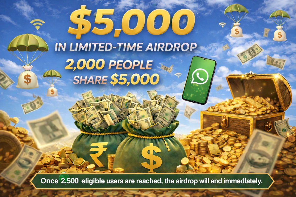 🔥 $5000 AIRDROP – FIRST 2,000 USERS ONLY 🔥
Join：gleam.io/XsrN5/5000-in-…

1️⃣Register 
2️⃣authorize #WhatsApp 
3️⃣upload screenshot 📲

✅ First 2,000 qualified users SHARE $5000

⏳ First come, first served
❌ No screenshot = No reward

🚀 Don’t wait. Spots fill fast.
#Airdrop