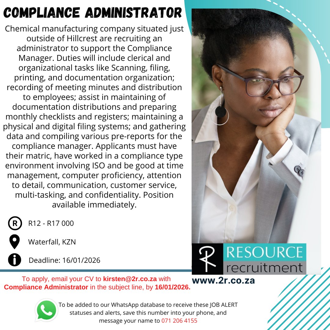 ResourceRecruit's tweet photo. New opportunities are in! 🚀
.
📍 KZN-based roles available:
• Compliance Administrator – Waterfall/Hillcrest (R12–17k)
• Accounts Payable Clerk – Jacobs, Durban South (R15–18k)
• SHEQ Coordinator – New Germany (Salary negotiable)
.
Apply now💼✨
.
#jobsearch #jobs https://t.co/i8vnbH8UCP