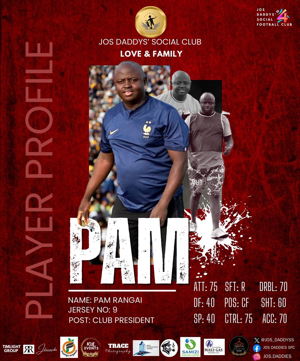 Player Profile 

Pam Rangai
President | Striker
Center Forward | No. 9

A true leader who leads from the front — strong, clinical, and committed to the badge.

⚽ Leadership on &amp; off the pitch
💙 Brotherhood | Family

#JDSFC #LoveAndFamily #Number9 #JosFootbal