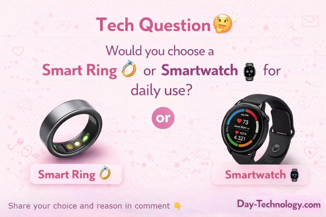 DayTechnology1's tweet photo. Tech Question 🤔💡
Would you choose a smart ring 💍 over a smartwatch ⌚ for daily health tracking?

Share your choice and reason below 👇💬

Explore new gadget on 👉 https://t.co/CbcCXa01Or 🌐

#TechQuestion #WearableTech #SmartRing #TechTalk https://t.co/bnJTisJ8jf