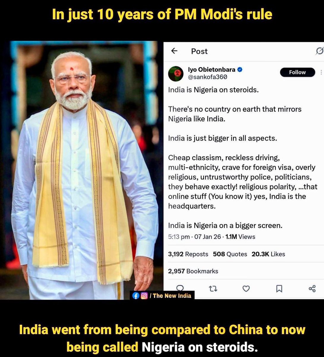 India didn’t fall — it was pushed by arrogance and incompetence.

In just a decade, India’s global image has suffered a staggering collapse. Once discussed in the same breath as China’s rise, India is now being mocked internationally as “Nigeria on steroids.”
This is not random