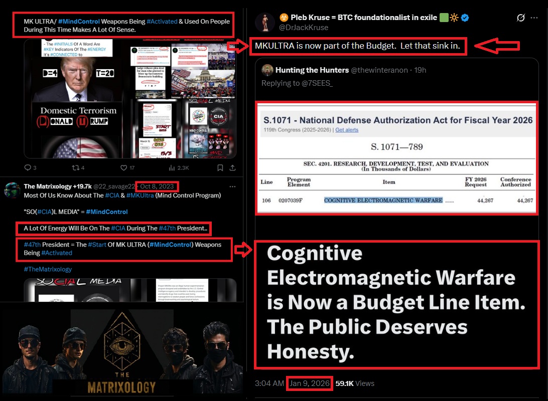 TheMatrixology's tweet image. 2023:
"The #47th President = The Start Of #MKUltra Weapons #Activated" - @22_Savage22 
__

2026:
"Senate Funds $44.3 Million for Cognitive #Electromagnetic Warfare Research"

#TheMatrixology