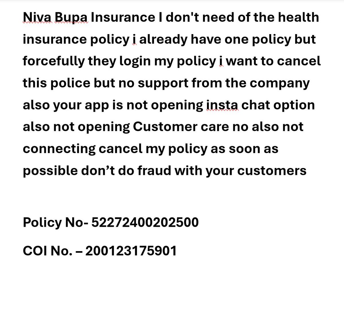 Prashantpinga12's tweet photo. @Niva_Bupa @NivaBupaSupport @PMOIndia @jagograhakjago 
Policy No- 52272400202500
COI No. - 200123175901
Cancel my policy i don't need it no support from companys app website fraud services i don't want this policy forcefully they login policy https://t.co/YdwZOJX7Dd