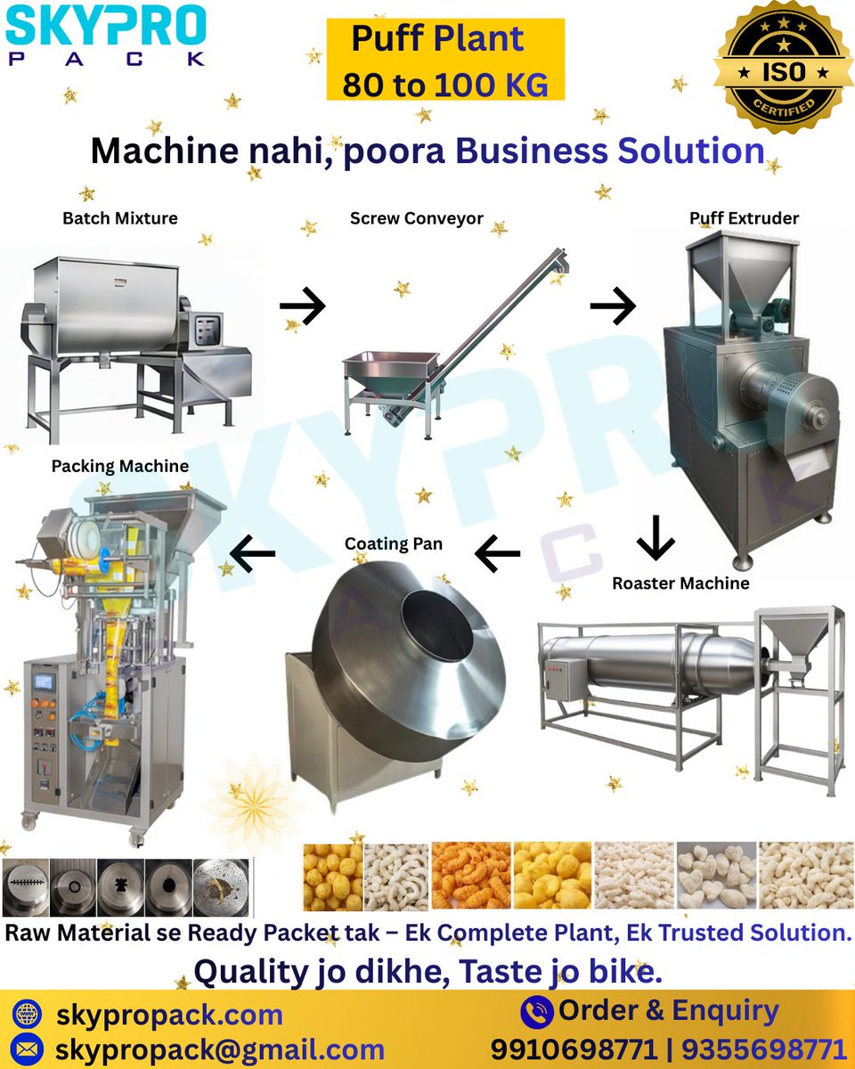 SkyproPack9's tweet image. 🔥 Puff Plant – 80 to 100 KG/Hr
Machine nahi, poora Business Solution!
Raw Material ➝ Ready Packet
ISO Certified | High Output | Trusted Quality

📞 Call Now: 9910698771
#PuffMachine #SnackPlant
#FoodProcessingMachine
#PackagingMachine
#SKYPROPACK #ExtruderSupplier