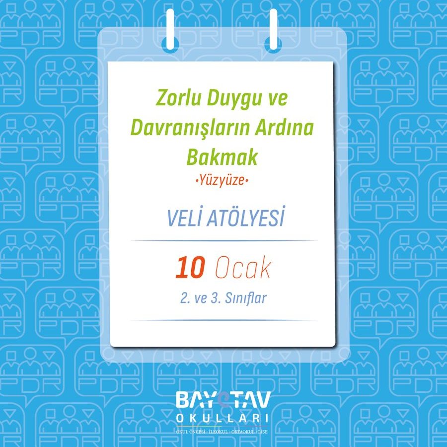 Ocak Ayı PDR Birimi Veli Atölyelerimiz kapsamında bu hafta sonu 9. sınıf velilerimizle 'Ergenlik Döneminde Ebeveyn Tutumları' veli atöylesinde; 2. ve 3. sınıf velilerimizle 'Zorlu Duygu ve Davranışların Ardına Bakmak' başlıklı veli atölyesinde buluşuyoruz.