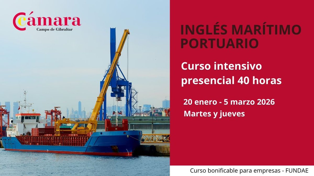 Si buscas impulsar tu carrera profesional en el sector marítimo, organizamos este curso intensivo de inglés de 40 horas. Es una formación privada y bonificable para empresas. Más info:👉camaracampodegibraltar.com/event/curso-in…