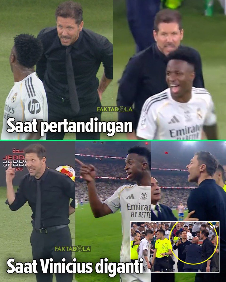 FaktaSepakbola's tweet photo. Momen saat Diego Simeone memprovokasi Vini, Xabi Alonso datang membela.

Saat laga, Simeone mengatakan: "Vini, Vini. Florentino Perez akan mengusirmu. Ingat aku beri tahu itu." (Sumber: TJ Cope)

Kemudian saat Vini ditarik keluar. Simeone seperti melakukan gestur bilang: "Lihat Vini, mereka (supporter) memberikan siulan untukmu"

Mengetahui itu, Xabi Alonso membela Vini & memarahi Simeone. Xabi: "Woy, fokus sana sama pemain lu. Ia tidak punya hak bicara, kenapa dia bicara seperti itu" (Sumber: Movistar)

Xabi Alonso seusai laga: "Saya dengar Simeone ngomong sesuatu ke Vini, dan saya tidak suka itu. Ia tidak boleh bicara seperti itu, ia sudah melewati batas." (Sumber: Fabrizio Romano)